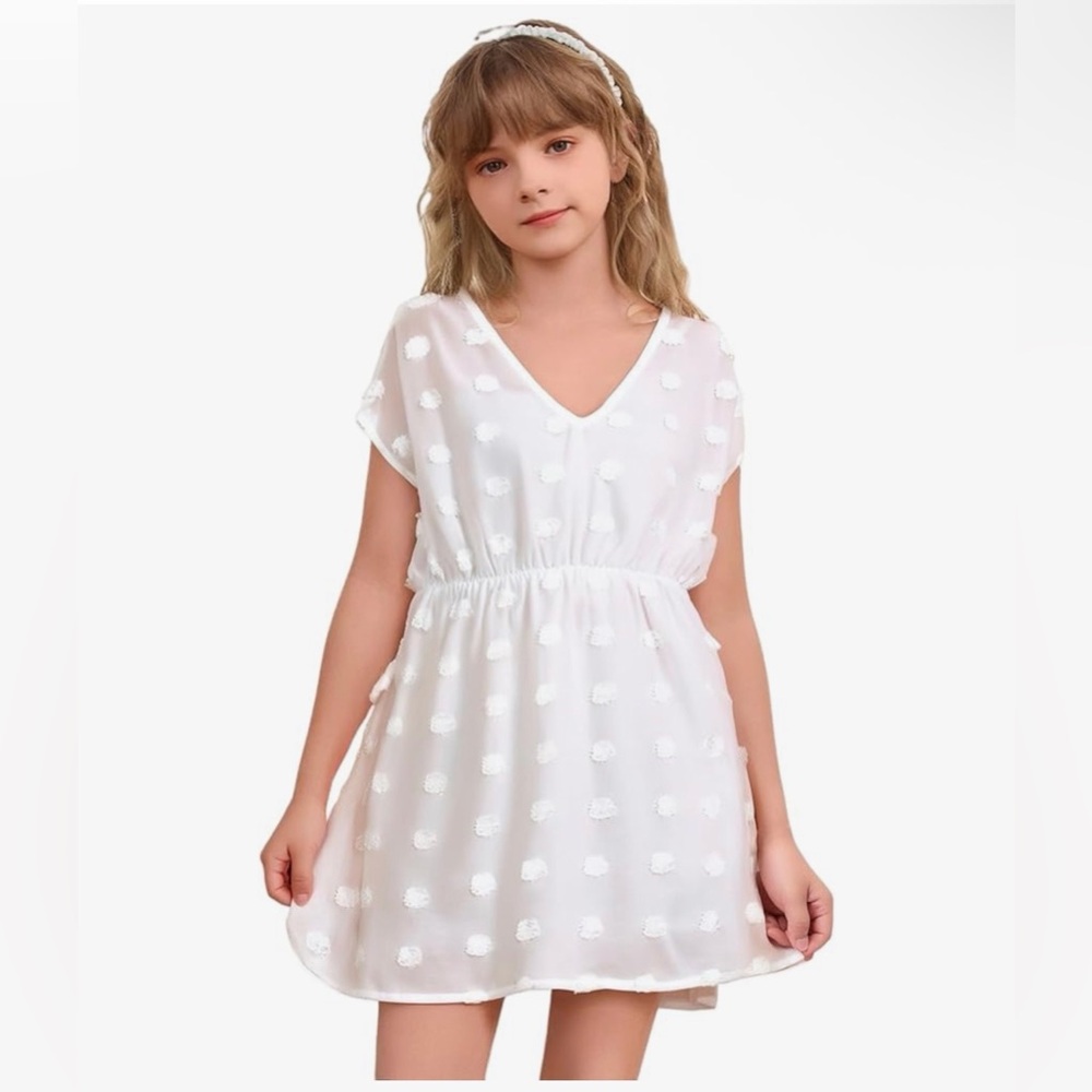 Girls White Polka Dot A-Line Short Sleeve V Neck Dress Swim Coverup Size 4T